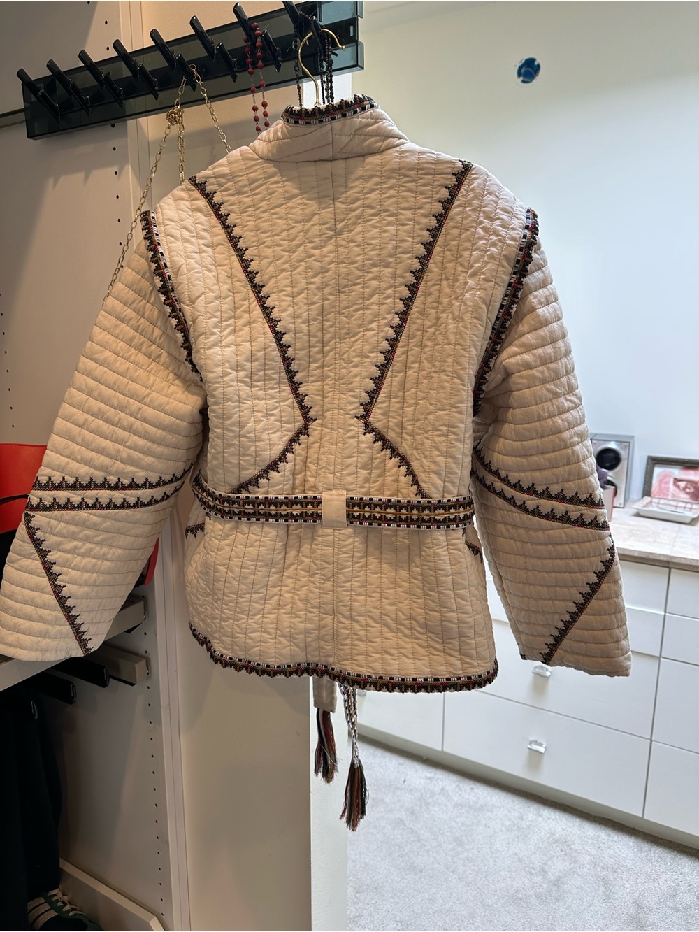 Magaschoni Cream Quilted Wrap Jacket with Patterned Trim - Picture 4 of 5